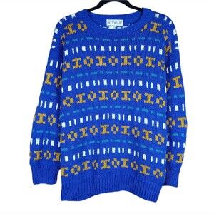 ACCENTO Blue Fair Isle Cotton Hand Knit Sweater Medium Cozy Pullover